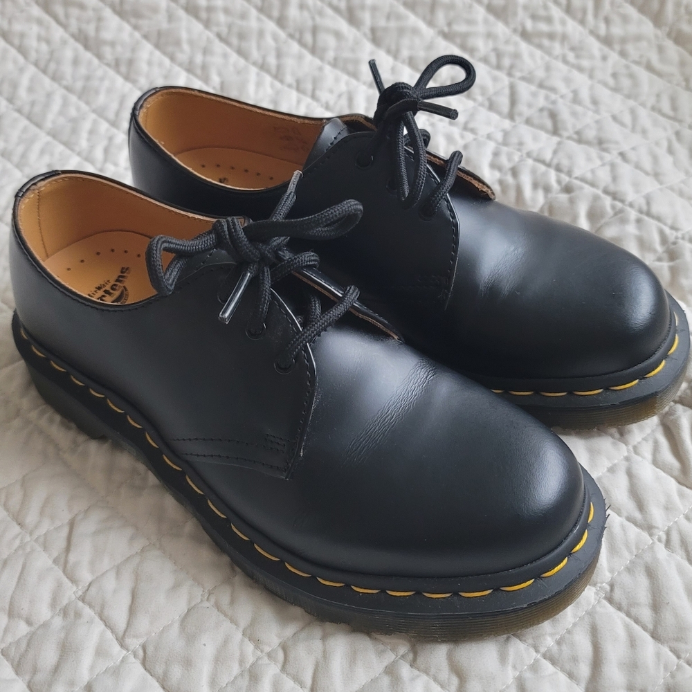 Dr. Martens Black Leather 3-Eye Derby Shoes with Yellow Stitching